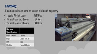 Looming:
A loom is a device used to weave cloth and tapestry.
• Toyota Air jet Loom :128 Pcs
• Picanol (Air jet) Loom : 64 Pcs
• Picanol (rapier) Loom :40 Pcs
Machine
Specification
Brand & Model Toyota
Origin Japan JAT 710
RPM 800
Shedding Tappet & Dobby
 
