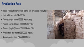 Production Rate
• About 79000 Meter woven fabric are produced everyday.
• Their efficiency is (85-92)%
• Toyota Air jet Loom:45000 Meter/day
• Picanol (Air jet) loom : 9000 Meter/day
• Picanol (rapier) Loom: 25000 Meter/day
• Production per month:2370000 Meter.
• Annual production :28440000 Meter.
 