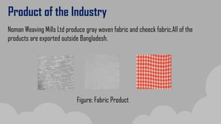 Product of the Industry
Noman Weaving Mills Ltd produce gray woven fabric and cheeck fabric.All of the
products are exported outside Bangladesh.
Figure: Fabric Product
 