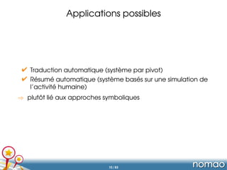 Applications possibles
 Traduction automatique (système par pivot)
 Résumé automatique (système basés sur une simulation d...