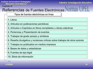 … Capítulo III Referencias  de Fuentes Electrónicas Tipos de fuentes electrónicas en línea 1. Libros 2. Artículos en publi...