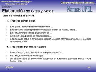 Capítulo V Elaboración  de Citas y Notas <ul><li>Trabajos por un autor </li></ul><ul><li>Rios (1998) estudió el rendimient...