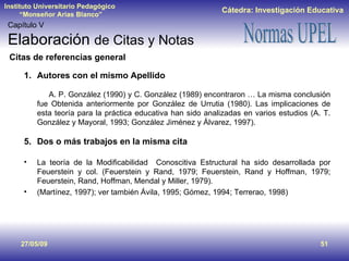 Capítulo V Elaboración  de Citas y Notas <ul><li>Autores con el mismo Apellido </li></ul><ul><li>  A. P. González (1990) y...