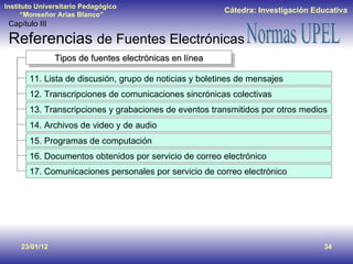 23/01/12 Capítulo III Referencias  de Fuentes Electrónicas Tipos de fuentes electrónicas en línea 11. Lista de discusión, grupo de noticias y boletines de mensajes 12. Transcripciones de comunicaciones sincrónicas colectivas 13. Transcripciones y grabaciones de eventos transmitidos por otros medios 14. Archivos de video y de audio 15. Programas de computación 16. Documentos obtenidos por servicio de correo electrónico 17. Comunicaciones personales por servicio de correo electrónico 