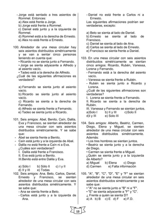13
- Jorge está sentado a tres asientos de
Rommel. Entonces:
a) Alex está frente a Jorge.
b) Jorge está frente a Rommel.
c) Daniel está junto y a la izquierda de
Rommel.
d) Rommel está a la derecha de Ernesto.
e) Alex no está frente a Ernesto.
100. Alrededor de una mesa circular hay
seis asientos distribuidos simétricamente
y se van a sentar cinco personas
teniendo en cuenta que:
• Ricardo no se sienta junto a Fernando.
• Jorge se sienta adyacente a Alfredo y
al asiento vacío.
• Tadeo está a la derecha de Alfredo.
¿Cuál de las siguientes afirmaciones es
verdadera?
a) Fernando se sienta junto al asiento
vacío.
b) Ricardo se sienta junto al asiento
vacío.
c) Ricardo se sienta a la derecha de
Fernando.
d) Alfredo se sienta frente a Fernando.
e) Tadeo se sienta junto a Ricardo.
101. Seis amigos: Abel, Benito, Caín, Dalila,
Eva y Francisco, se sientan alrededor de
una mesa circular con seis asientos
distribuidos simétricamente. Y se sabe
que:
- Abel se sienta frente a Benito.
- Caín está junto y a la izquierda de Abel.
- Dalila no está frente a Caín ni a Eva.
¿Cuáles son verdaderas?
I. Dalila está frente a Francisco.
II. Eva está junto a Benito.
III.Benito está entre Dalila y Eva.
a) Sólo I b) Sólo II c) I y II
d) II y III e) Todas
102. Seis amigos: Ana, Beto, Carlos, Daniel,
Ernesto y Francisco, se sientan
alrededor de una mesa circular con seis
asientos distribuidos simétricamente. Y
se sabe que:
- Ana se sienta frente a Beto.
- Carlos está junto y a la izquierda de
Ana.
- Daniel no está frente a Carlos ni a
Ernesto.
Las siguientes afirmaciones podrían ser
verdaderas, excepto:
a) Beto se sienta al lado de Daniel.
b) Ernesto se sienta al lado de
Francisco.
c) Daniel se sienta al lado de Ana.
d) Carlos se sienta al lado de Ernesto.
e) Francisco se sienta frente a Daniel.
103. En una mesa circular con seis asientos
distribuidos simétricamente se sientan
cinco amigos: Ricardo, Rubén, Vanessa,
Lorena y Fernando.
- Fernando está a la derecha del asiento
vacío.
- Vanessa se sienta frente a Rubén.
- Rubén se sienta junto a Ricardo y
Lorena.
¿Cuál de las siguientes afirmaciones son
verdaderas?
I. Lorena se sienta frente a Fernando.
II. Ricardo se sienta a la derecha de
Rubén.
III. Vanessa y Fernando se sientan juntos.
a)Solo I b) II y III c)Solo II
d)I y III e) Solo III
104. Seis amigos: Alberto, Beatriz, Carmen,
Diego, Elena y Miguel, se sientan
alrededor de una mesa circular con seis
asientos distribuidos simétricamente.
Además:
• Los tres hombres se sientan juntos.
• Beatriz se sienta junto y a la derecha
de Diego.
• Carmen se sienta frente a Miguel.
¿Quién se sienta junto y a la izquierda
de Alberto?
a) Miguel b) Elena c) Diego
d) Carmen e) Falta información
105. "A", "B", "C", "D", "E" y "F" se sientan
alrededor de una mesa circular en seis
asientos distribuidos simétricamente y se
sabe que:
• "A" no se sienta junto a "B" ni a "F".
• "E" se sienta adyacente a "F" y "C".
¿ Frente a quién se sienta D?
a) A b) B c) E d) F e) F.D.
 