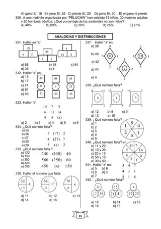 35
815
14
743
x
3 (17) 2
4 (27) 7
5 (x) 2
240 (100) 40
560 (250) 60
450 (x) 150
A) gano S/. 10 B) gano S/. 25 C) pierde S/. 20 D) gano S/. 20 E) ni gana ni pierde
330. A una matinée organizada por “PELUCHIN” han asistido 75 niños, 30 mujeres adultas
y 20 hombres adultos. ¿Qué porcentaje de los asistentes no son niños?
A) 40% B) 60% C) 30% D) 25% E) 75%
331. Hallar en “x”
a) 65 b) 18 c) 64
d) 36 e) 8
332. Hallar “x” en:
a) 15
b) 17
c) 51
d) 61
e) 50
333. Hallar “x”
15 7 9
6 13 14
4 5 (x)
a) 2 b) 3 c) 4 d) 5 e) 6
334. ¿Qué número falta?
a) 25
b) 26
c) 27
d) 28
e) 29
335. ¿Qué número falta.?
a) 120
b) 150
c) 380
d) 420
e) 500
336. Hallar el número que falta:
a) 11 b) 12 c) 13
d) 14 e) 16
337. Hallar “x” en:
a) 38
b) 40
c) 42
d) 44
e) 4
338. ¿Qué número falta?
a) 12 b) 8 c) 9
d) 13 e) 10
339. ¿Qué número falta?
a) 1
b) 2
c) 3
d) 4
e) 5
340. ¿Qué número falta? en:
a) 11 y 22
b) 10 y 30
c) 20 y 15
d) 50 y 10
e) 30 y 50
341. Hallar “x” en:
a) 5 b) 6
c) 9 d) 3
e) 7
342. ¿Qué número falta?
a) 12 b) 14 c) 10
d) 18 e) 13
25
7 2
49
8 1
x
13 5
23
11
51
94
x
53
43
22
25
335
9
2
3
x6
4
7
2
275
3
4
3
ANALOGÍAS Y DISTRIBUCIONES
52
13
4
68
4
17
78
6
x
4 1
2 3
8
2 3
2 5
8
4 3
6 5
x
1
9
4
1
x
2
5
10 7
14
x
y4
8
6
17 16
15
28 41
x
37 29
 