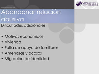 Dificultades adicionales Motivos económicos Vivienda Falta de apoyo de familiares Amenazas y acosos Migración de identidad Abandonar relación abusiva 