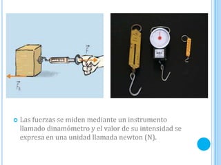  Las fuerzas se miden mediante un instrumento
llamado dinamómetro y el valor de su intensidad se
expresa en una unidad llamada newton (N).
 