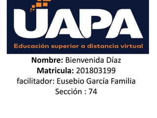 Nombre: Bienvenida Díaz
Matricula: 201803199
facilitador: Eusebio García Familia
Sección : 74
 