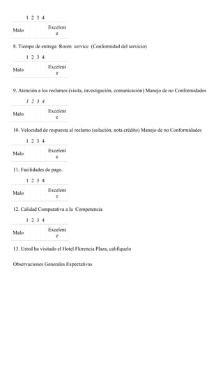 1 2 3 4
                 Excelent
Malo
                    e

8. Tiempo de entrega Room service (Conformidad del servicio)

       1 2 3 4
                 Excelent
Malo
                    e


9. Atención a los reclamos (visita, investigación, comunicación) Manejo de no Conformidades

       1 2 3 4
                 Excelent
Malo
                    e

10. Velocidad de respuesta al reclamo (solución, nota crédito) Manejo de no Conformidades

       1 2 3 4
                 Excelent
Malo
                    e

11. Facilidades de pago.

       1 2 3 4
                 Excelent
Malo
                    e

12. Calidad Comparativa a la Competencia

       1 2 3 4
                 Excelent
Malo
                    e

13. Usted ha visitado el Hotel Florencia Plaza, califíquelo


Observaciones Generales Expectativas
 