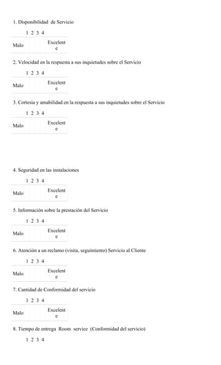 1. Disponibilidad de Servicio

       1 2 3 4
                 Excelent
Malo
                    e

2. Velocidad en la respuesta a sus inquietudes sobre el Servicio

       1 2 3 4
                 Excelent
Malo
                    e

3. Cortesia y amabilidad en la respuesta a sus inquietudes sobre el Servicio

       1 2 3 4
                 Excelent
Malo
                    e




4. Seguridad en las instalaciones

       1 2 3 4
                 Excelent
Malo
                    e

5. Información sobre la prestación del Servicio

       1 2 3 4
                 Excelent
Malo
                    e

6. Atención a un reclamo (visita, seguimiento) Servicio al Cliente

       1 2 3 4
                 Excelent
Malo
                    e

7. Cantidad de Conformidad del servicio

       1 2 3 4
                 Excelent
Malo
                    e

8. Tiempo de entrega Room service (Conformidad del servicio)

       1 2 3 4
 