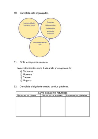 50. Completa este organizador.
51. Pinte la respuesta correcta.
Los contaminantes de la lluvia acida son capaces de:
a) Chocarse
b) Moverse
c) Caerse
d) Ninguno
52. Complete el siguiente cuadro con tus palabras.
Lluvia ácida en la naturaleza
Efectos en las plantas Efectos en los animales Efectos en las ciudades
 