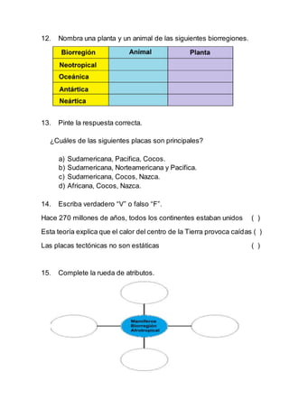 12. Nombra una planta y un animal de las siguientes biorregiones.
13. Pinte la respuesta correcta.
¿Cuáles de las siguientes placas son principales?
a) Sudamericana, Pacifica, Cocos.
b) Sudamericana, Norteamericana y Pacifica.
c) Sudamericana, Cocos, Nazca.
d) Africana, Cocos, Nazca.
14. Escriba verdadero “V” o falso “F”.
Hace 270 millones de años, todos los continentes estaban unidos ( )
Esta teoría explica que el calor del centro de la Tierra provoca caídas ( )
Las placas tectónicas no son estáticas ( )
15. Complete la rueda de atributos.
 