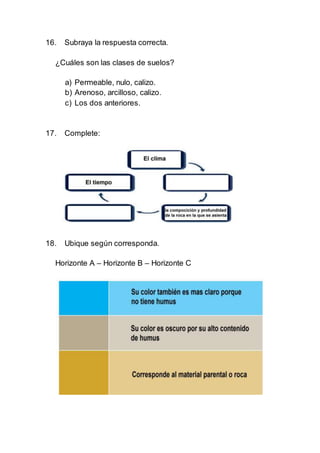 16. Subraya la respuesta correcta.
¿Cuáles son las clases de suelos?
a) Permeable, nulo, calizo.
b) Arenoso, arcilloso, calizo.
c) Los dos anteriores.
17. Complete:
18. Ubique según corresponda.
Horizonte A – Horizonte B – Horizonte C
 