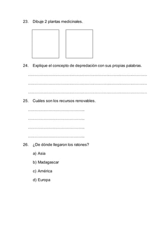 23. Dibuje 2 plantas medicinales.
24. Explique el concepto de depredación con sus propias palabras.
…………………………………………………………………………………
…………………………………………………………………………………
…………………………………………………………………………………
25. Cuáles son los recursos renovables.
……………………………………..
……………………………………..
……………………………………..
……………………………………..
26. ¿De dónde llegaron los ratones?
a) Asia
b) Madagascar
c) América
d) Europa
 