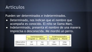 Artículos
Pueden ser determinados e indeterminados.
● Determinado, nos indican que el nombre que
acompaña es conocido. El niño se llama Marc.
● Indeterminado, presenta el nombre de una manera
imprecisa o desconocida. Me mordió un perro.

 