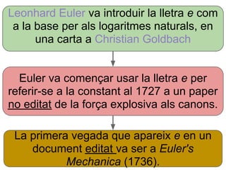 Leonhard Euler va introduir la lletra e com
 a la base per als logaritmes naturals, en
      una carta a Christian Goldbach


  Euler va començar usar la lletra e per
referir-se a la constant al 1727 a un paper
no editat de la força explosiva als canons.

 La primera vegada que apareix e en un
    document editat va ser a Euler's
           Mechanica (1736).
 