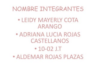 NOMBRE INTEGRANTES
• LEIDY MAYERLY COTA
ARANGO
• ADRIANA LUCIA ROJAS
CASTELLANOS
• 10-02 J.T
• ALDEMAR ROJAS PLAZAS
 
