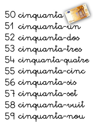 50 
51 
52 
53 
54 
55 
56 
57 
58 
59 
cinquanta 
cinquanta-un 
cinquanta-dos 
cinquanta-tres 
cinquanta-quatre 
cinquanta-cinc 
cinquanta-sis 
cinquanta-set 
cinquanta-vuit 
cinquanta-nou 
 