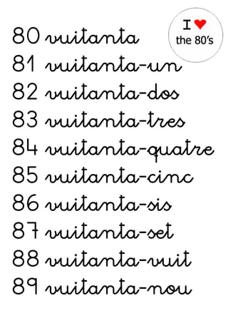 80 
81 
82 
83 
84 
85 
86 
87 
88 
89 
vuitanta 
vuitanta-un 
vuitanta-dos 
vuitanta-tres 
vuitanta-quatre 
vuitanta-cinc 
vuitanta-sis 
vuitanta-set 
vuitanta-vuit 
vuitanta-nou 
 
