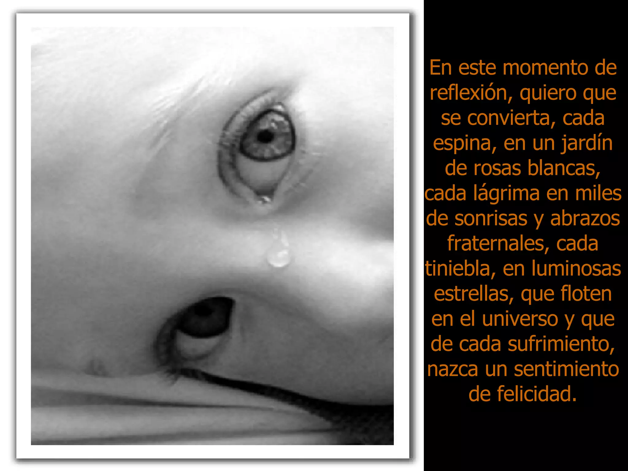 En este momento de reflexión, quiero que se convierta, cada espina, en un jardín de rosas blancas, cada lágrima en miles de sonrisas y abrazos fraternales, cada tiniebla, en luminosas estrellas, que floten en el universo y que de cada sufrimiento, nazca un sentimiento de felicidad. 