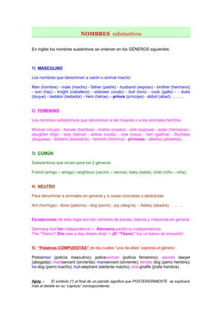 NOMBRES substantivos 
En inglés los nombres sustantivos se ordenan en los GÉNEROS siguientes: 
1) MASCULINO 
Los nombres q...
