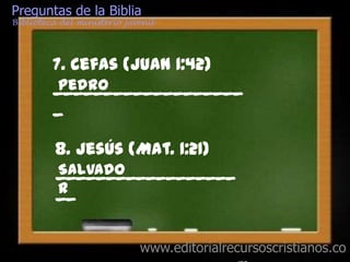 Preguntas de la Biblia
Biblioteca del ministerio juvenil




         7. Cefas (Juan 1:42)
         ___________________
          Pedro
         _

          8. Jesús (Mat. 1:21)
          __________________
          Salvado
          r
          __


                             www.editorialrecursoscristianos.co
 