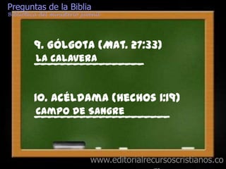 Preguntas de la Biblia
Biblioteca del ministerio juvenil




         9. Gólgota (Mat. 27:33)
         _________________
         La Calavera


         10. Acéldama (Hechos 1:19)
         _____________________
          Campo de Sangre



                             www.editorialrecursoscristianos.co
 