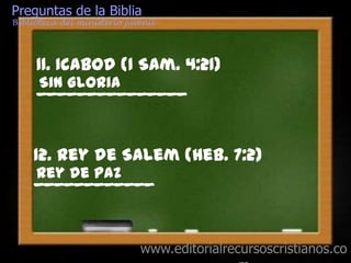Preguntas de la Biblia
Biblioteca del ministerio juvenil




     11. Icabod (1 Sam. 4:21)
      Sin Gloria
     _______________


     12. Rey de Salem (Heb. 7:2)
      Rey de Paz
     ____________



                             www.editorialrecursoscristianos.co
 