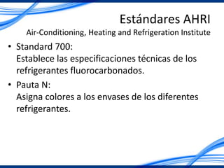 Estándares AHRI
Air-Conditioning, Heating and Refrigeration Institute
• Standard 700:
Establece las especificaciones técnicas de los
refrigerantes fluorocarbonados.
• Pauta N:
Asigna colores a los envases de los diferentes
refrigerantes.
 