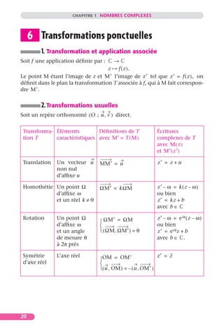 CHAPITRE 1 NOMBRES COMPLEXES




     6 Transformations ponctuelles
        1. Transformation et application associée
Soit f une application déﬁnie par :   →
                                    z   f ( z ).
Le point M étant l’image de z et M′ l’image de z′ tel que z′ = f ( z ), on
déﬁnit dans le plan la transformation T associée à f, qui à M fait correspon-
dre M′.


        2. Transformations usuelles
Soit un repère orthonormé ( O ; u , v ) direct.


 Transforma- Éléments         Déﬁnitions de T              Écritures
 tion T      caractéristiques avec M′ = T ( M )            complexes de T
                                                           avec M ( z )
                                                           et M′ ( z′ )

 Translation   Un vecteur u      MM′ = u                    z′ = z + u
               non nul
               d’afﬁxe u

 Homothétie Un point Ω           ΩM′ = kΩM                 z′ – ω = k ( z – ω )
            d’afﬁxe ω                                      ou bien
            et un réel k ≠ 0                               z′ = kz + b
                                                           avec b ∈

 Rotation      Un point Ω                                  z′ – ω = e iθ ( z – ω )
                                  ΩM′ = ΩM
               d’afﬁxe ω                                  ou bien
               et un angle        ( ΩM, ΩM′ ) = θ         z′ = e iθ z + b
               de mesure θ                                 avec b ∈ .
               à 2π près

 Symétrie      L’axe réel                                    z′ = z
                                 OM = OM′
 d’axe réel                      
                                 ( u , OM ) = – ( u , OM′ )




20
 