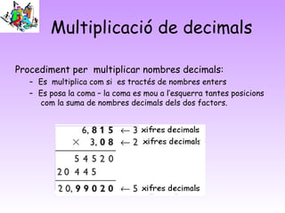 Multiplicació de decimals
Procediment per multiplicar nombres decimals:
– Es multiplica com si es tractés de nombres enters
– Es posa la coma – la coma es mou a l’esquerra tantes posicions
com la suma de nombres decimals dels dos factors.
 
