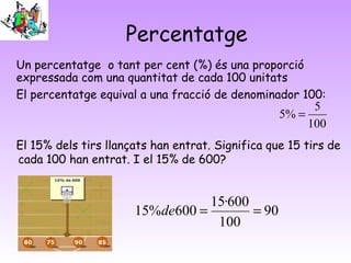 Percentatge
Un percentatge o tant per cent (%) és una proporció
expressada com una quantitat de cada 100 unitats
El percentatge equival a una fracció de denominador 100:
El 15% dels tirs llançats han entrat. Significa que 15 tirs de
cada 100 han entrat. I el 15% de 600?
100
5
%5 =
90
100
600·15
600%15 ==de
 