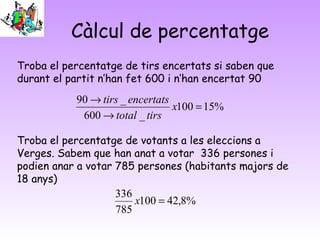 Càlcul de percentatge
Troba el percentatge de tirs encertats si saben que
durant el partit n’han fet 600 i n’han encertat 90
Troba el percentatge de votants a les eleccions a
Verges. Sabem que han anat a votar 336 persones i
podien anar a votar 785 persones (habitants majors de
18 anys)
%15100
_600
_90
=
→
→
x
tirstotal
encertatstirs
%8,42100
785
336
=x
 