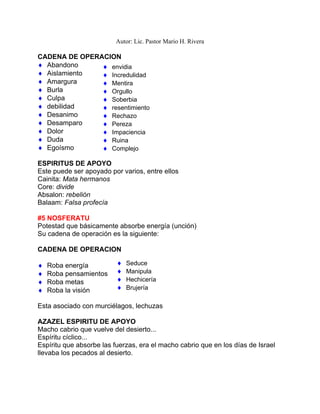 Autor: Lic. Pastor Mario H. Rivera
CADENA DE OPERACION
♦
♦
♦
♦
♦
♦
♦
♦
♦
♦
♦
envidia
Incredulidad
Mentira
Orgullo
Soberbia
resentimiento
Rechazo
Pereza
Impaciencia
Ruina
Complejo
Abandono♦
♦
♦
♦
♦
♦
♦
♦
♦
♦
♦
♦
♦
♦
♦
Aislamiento
Amargura
Burla
Culpa
debilidad
Desanimo
Desamparo
Dolor
Duda
Egoísmo
ESPIRITUS DE APOYO
Este puede ser apoyado por varios, entre ellos
Cainita: Mata hermanos
Core: divide
Absalon: rebelión
Balaam: Falsa profecía
#5 NOSFERATU
Potestad que básicamente absorbe energía (unción)
Su cadena de operación es la siguiente:
CADENA DE OPERACION
♦
♦
♦
♦
Seduce
Manipula
Hechicería
Brujería
Roba energía
Roba pensamientos
Roba metas
Roba la visión
Esta asociado con murciélagos, lechuzas
AZAZEL ESPIRITU DE APOYO
Macho cabrio que vuelve del desierto...
Espíritu cíclico...
Espíritu que absorbe las fuerzas, era el macho cabrio que en los días de Israel
llevaba los pecados al desierto.
 