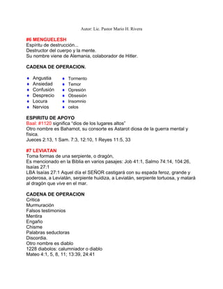 Autor: Lic. Pastor Mario H. Rivera
#6 MENGUELESH
Espíritu de destrucción...
Destructor del cuerpo y la mente.
Su nombre viene de Alemania, colaborador de Hitler.
CADENA DE OPERACION.
♦
♦
♦
♦
♦
♦
Tormento
Temor
Opresión
Obsesión
Insomnio
celos
Angustia♦
♦
♦
♦
♦
♦
Ansiedad
Confusión
Desprecio
Locura
Nervios
ESPIRITU DE APOYO
Baal: #1120 significa “dios de los lugares altos”
Otro nombre es Bahamot, su consorte es Astarot diosa de la guerra mental y
física.
Jueces 2:13, 1 Sam. 7:3, 12:10, 1 Reyes 11:5, 33
#7 LEVIATAN
Toma formas de una serpiente, o dragón,
Es mencionado en la Biblia en varios pasajes: Job 41:1, Salmo 74:14, 104:26,
Isaías 27:1
LBA Isaías 27:1 Aquel día el SEÑOR castigará con su espada feroz, grande y
poderosa, a Leviatán, serpiente huidiza, a Leviatán, serpiente tortuosa, y matará
al dragón que vive en el mar.
CADENA DE OPERACION
Critica
Murmuración
Falsos testimonios
Mentira
Engaño
Chisme
Palabras seductoras
Discordia.
Otro nombre es diablo
1228 diabolos: calumniador o diablo
Mateo 4:1, 5, 8, 11; 13:39, 24:41
 