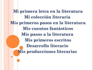 Mi primera letra en la literatura
Mi colección literaria
Mis primeros pasos en la literatura
Mis cuentos fantásticos
Mis pasos a la literatura
Mis primeros escritos
Desarrollo literario
Mis producciones literarias
 
