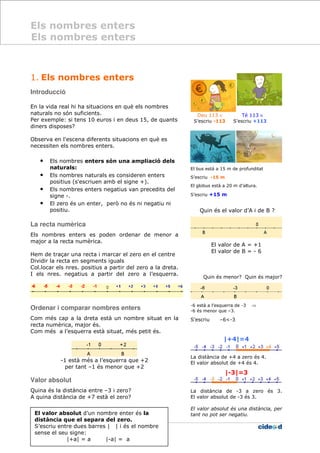Els nombres enters
36 MATEMÀTIQUES 1r ESO
1. Els nombres enters
Introducció
En la vida real hi ha situacions en què els nombres
naturals no són suficients.
Per exemple: si tens 10 euros i en deus 15, de quants
diners disposes?
Observa en l'escena diferents situacions en què es
necessiten els nombres enters.
• Els nombres enters són una ampliació dels
naturals:
• Els nombres naturals es consideren enters
positius (s'escriuen amb el signe +).
• Els nombres enters negatius van precedits del
signe -.
• El zero és un enter, però no és ni negatiu ni
positiu.
La recta numèrica
Els nombres enters es poden ordenar de menor a
major a la recta numèrica.
Hem de traçar una recta i marcar el zero en el centre
Dividir la recta en segments iguals
Col.locar els nres. positius a partir del zero a la dreta.
I els nres. negatius a partir del zero a l’esquerra.
Ordenar i comparar nombres enters
Com més cap a la dreta està un nombre situat en la
recta numèrica, major és.
Com més a l’esquerra està situat, més petit és.
-1 està més a l’esquerra que +2
per tant –1 és menor que +2
Valor absolut
Quina és la distància entre –3 i zero?
A quina distància de +7 està el zero?
Deu 113 ∈ Té 113 ∈
S’escriu -113 S’escriu +113
El bus está a 15 m de profunditat
S’escriu -15 m
El globus està a 20 m d’altura.
S’escriu +15 m
Quin és el valor d’A i de B ?
El valor de A = +1
El valor de B = - 6
Quin és menor? Quin és major?
-6 està a l’esquerra de -3 ⇒
-6 és menor que –3.
S’escriu –6<-3
|+4|=4
La distància de +4 a zero és 4.
El valor absolut de +4 és 4.
|-3|=3
La distància de -3 a zero és 3.
El valor absolut de -3 és 3.
El valor absolut és una distància, per
tant no pot ser negatiu.
Els nombres enters
El valor absolut d’un nombre enter és la
distància que el separa del zero.
S’escriu entre dues barres | | i és el nombre
sense el seu signe:
|+a| = a |-a| = a
 