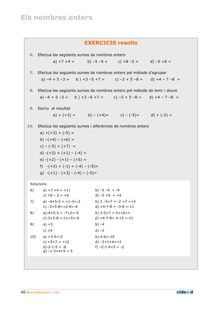 Els nombres enters
40 MATEMÀTIQUES 1r ESO
EXERCICIS resolts
6. Efectua les següents sumes de nombres enters
a) +7 +4 = b) –5 –4 = c) +8 –2 = d) –5 +9 =
7. Efectua les següents sumes de nombres enters pel mètode d’agrupar
a) –4 + 5 –3 = b ) +3 –5 +7 = c) –3 + 5 –8 = d) +4 – 7 –8 =
8. Efectua les següents sumes de nombres enters pel mètode de tenir i deure
a) –4 + 5 –3 = b ) +3 –5 +7 = c) –3 + 5 –8 = d) +4 – 7 –8 =
9. Escriu el resultat
a) + (+3) = b) – (+4)= c) – (-5)= d) + (-2) =
10. Efectua les següents sumes i diferències de nombres enters
a) +(+3) + (-5) =
b) –(+4) – (+6) =
c) – (-5) + (+7) =
d) -(+3) + (+1) – (-4) =
e) -(+2) - (+1) – (+5) =
f) -(+2) + (-1) + (-4) – (-5)=
g) -(+1) - (+3) - (-4) – (-5)=
Solucions:
6) a) +7 +4 = +11 b) –5 –4 = -9
c) +8 – 2 = +6 d) –5 +9 = +4
7) a) –4+5-3 = +1-3=-2 b) 3 –5+7 = -2 +7 =+5
c) –3+5-8=+2-8=-6 d) +4-7-8 = -3-8 =-11
8) a)-4+5-3 = -7+2=-5 b) 3-5+7 =-5+10=+
c)-3+5-8 =-11+5=-6 d) +4-7-8= 4-15 =-11
9) a) +3 b) –4
c) +5 d) –2
10) a) +3-5=-2 b)-4-6=-10
c) +5+7 = +12 d) –3+1+4=+2
e)-2-1-5 = -8 f) –2-1-4+5 = -2
g) –1-3+4+5 = 5
 