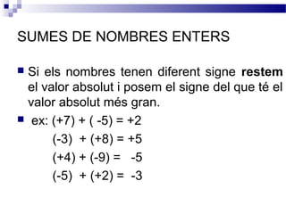 SUMES DE NOMBRES ENTERS 
 Si els nombres tenen diferent signe restem 
el valor absolut i posem el signe del que té el 
valor absolut més gran. 
 ex: (+7) + ( -5) = +2 
(-3) + (+8) = +5 
(+4) + (-9) = -5 
(-5) + (+2) = -3 
 