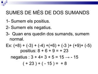 SUMES DE MÉS DE DOS SUMANDS 
1- Sumem els positius. 
2- Sumem els negatius. 
3- Quan ens quedin dos sumands, sumem 
normal. 
Ex: (+8) + (-3) + (-4) +(+6) + (-3 )+ (+9)+ (-5) 
positius: 8 + 6 + 9 = + 23 
negatius : 3 + 4+ 3 + 5 = 15 → - 15 
( + 23 ) + ( - 15 ) = + 8 
