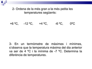 2- Ordena de la més gran a la més petita les 
temperatures següents: 
+6 ºC, -12 ºC, +4 ºC, -6 ºC, 0ºC 
3- En un termòmetre de màximes i mínimes, 
s’observa que la temperatura màxima del dia anterior 
va ser de 4 ºC i la mínima de -7 ºC. Determina la 
diferència de temperatures. 
 