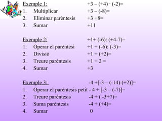 Exemple 1: +3 – (+4) · (-2)=
1. Multiplicar +3 – (-8)=
2. Eliminar parèntesis +3 +8=
3. Sumar +11
Exemple 2: +1+ (-6): (+4...