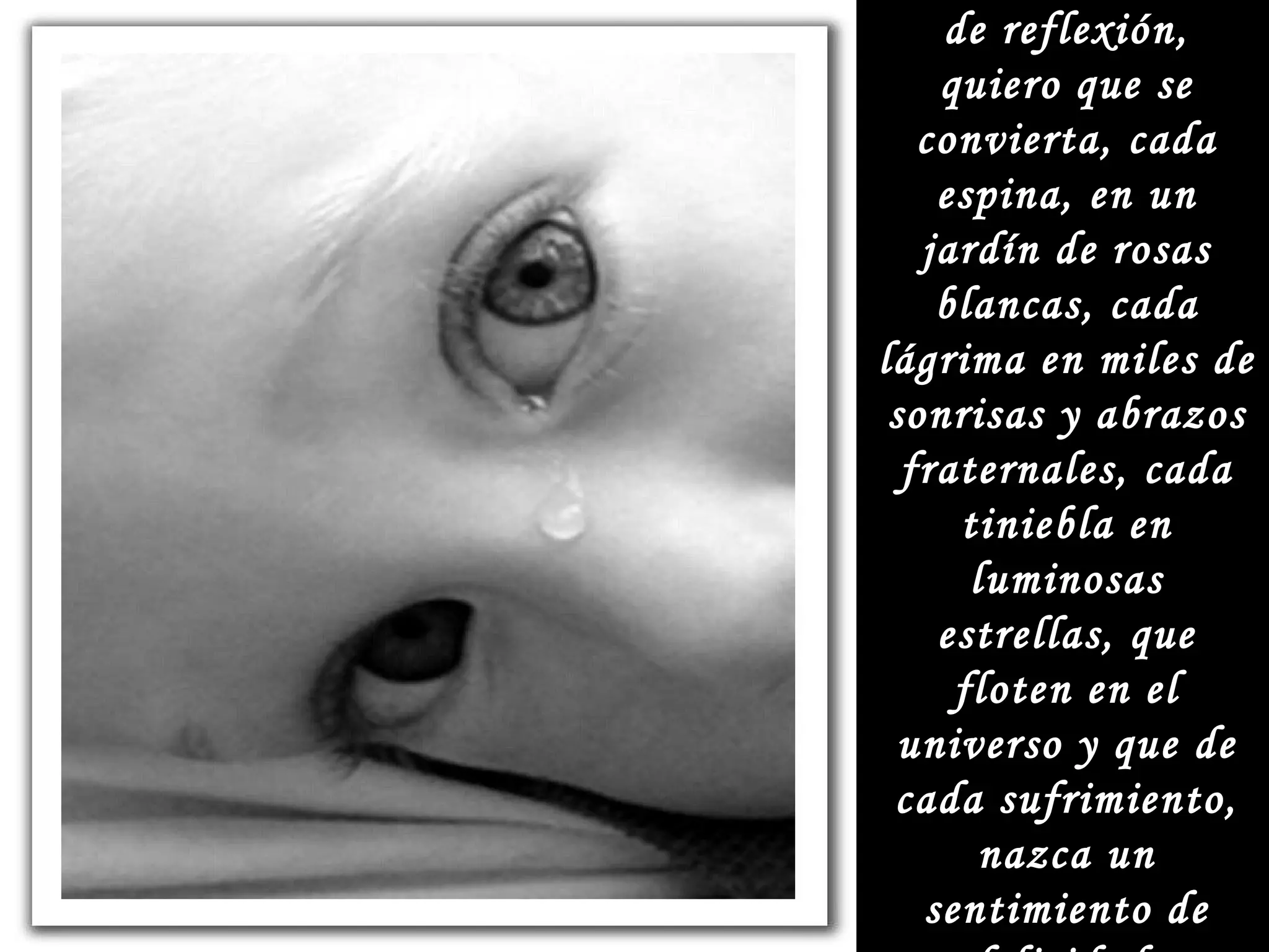 En este momento de reflexión, quiero que se convierta, cada espina, en un jardín de rosas blancas, cada lágrima en miles de sonrisas y abrazos fraternales, cada tiniebla en luminosas estrellas, que floten en el universo y que de cada sufrimiento, nazca un sentimiento de felicidad. 