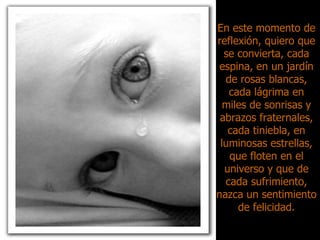 En este momento de reflexión, quiero que se convierta, cada espina, en un jardín de rosas blancas, cada lágrima en miles de sonrisas y abrazos fraternales, cada tiniebla, en luminosas estrellas, que floten en el universo y que de cada sufrimiento, nazca un sentimiento de felicidad. 