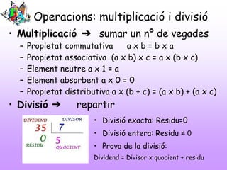 Exemple d’operacions
combinades complexes
• Exemple 1:
12 - 6 x 4 – (2 + 5) x 3 =
12 – ( 6 x 4 - 7 x 3) =
12 - ( 24 - 21 )...