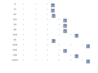 II     =   +   =   2

 VI     =   +   =   6

 XV     =   +   =   15

 XVI    =   +   +        =   16

 VII    =   +   +        =   7

 XII    =   +   +        =   12

XVII    =   +   +        +        =   17

 XX     =   +   =   20

XVIII   =   +   +        +        +        =   18

XXX     =   +   +        =   30

LXII    =   +   +        +        =   62

LXXVI   =   +   +        +        +        =   76
 