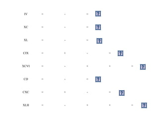 IV    =   -   =    4



XC     =   -   =   90



XL     =   -   =   40



CIX    =   +   -         =   109



XCVI   =   -   +         +         =   96



CD     =   -   =   400



CXC    =   +   -         =   190



XLII   =   -   +         +         =   42
 