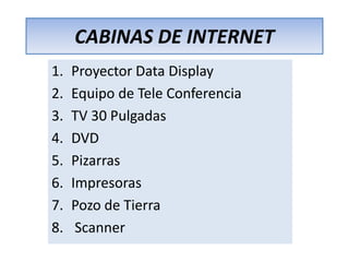 CABINAS DE INTERNET
1.
2.
3.
4.
5.
6.
7.
8.

Proyector Data Display
Equipo de Tele Conferencia
TV 30 Pulgadas
DVD
Pizarras
Impresoras
Pozo de Tierra
Scanner

 