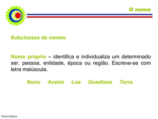 Subclasses de nomes Nome próprio  –   identifica e individualiza um determinado ser, pessoa, entidade, época ou região. Escreve-se com letra maiúscula. Nuno  Aveiro  Lua  Guadiana  Terra  O nome Porto Editora 